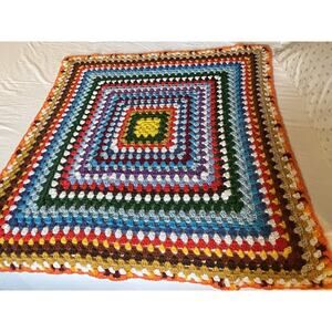 Vintage Granny Square Crochet Afghan Blanket Multi colored 34x38